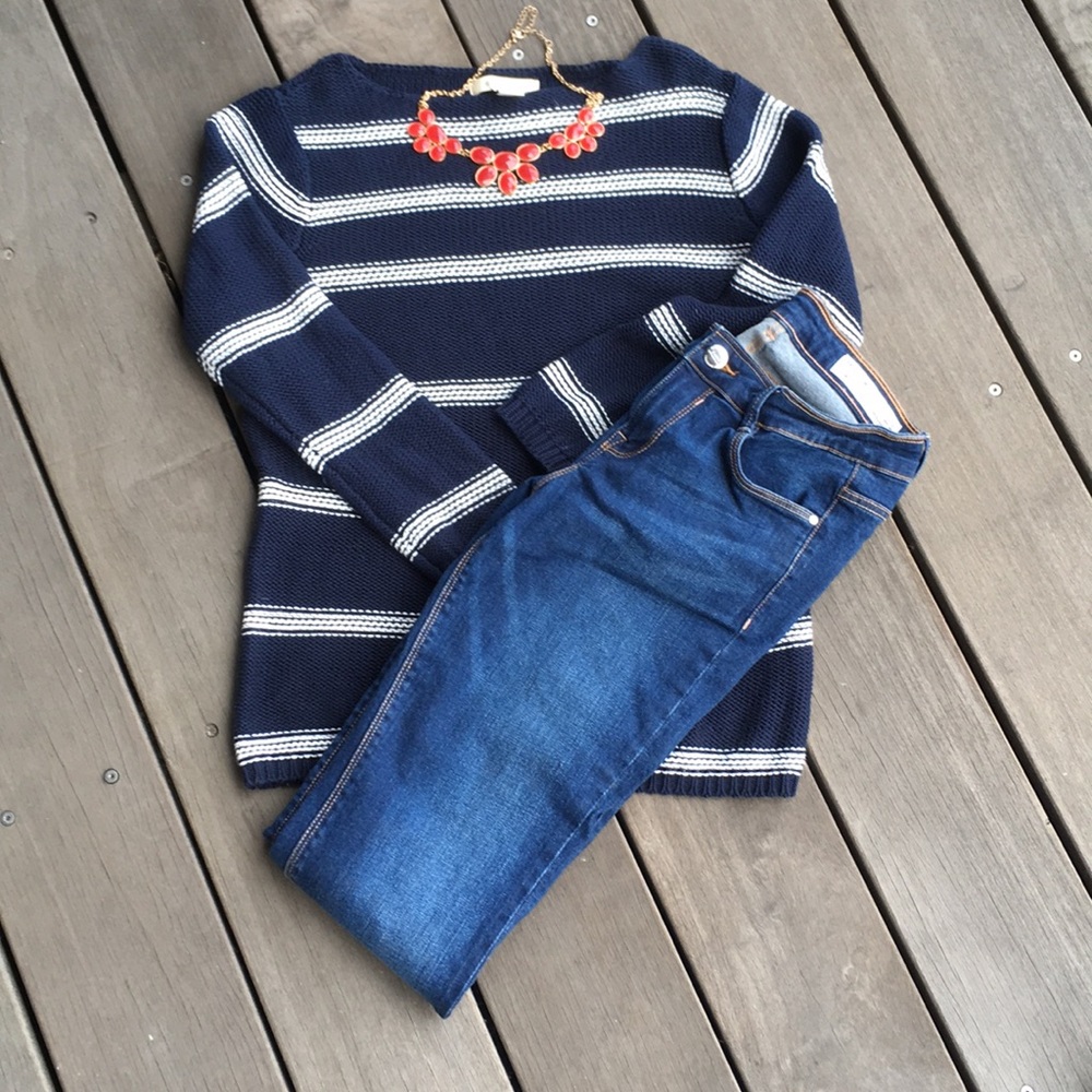 Navy and white striped 3/4 sleeve sweater